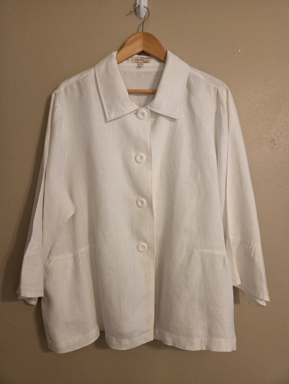 CHOICES White 100% Linen Button Front Flounced Sleeve Lagenlook Jacket Size 3X